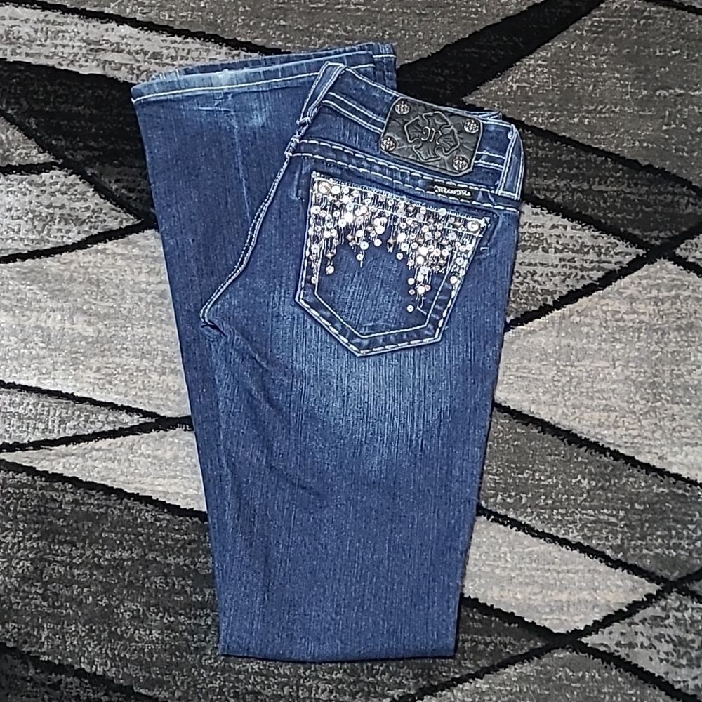 MISS ME BLING SEQUINS RHINESTONES STUDDED BOOT-CUT DENIM JEAN